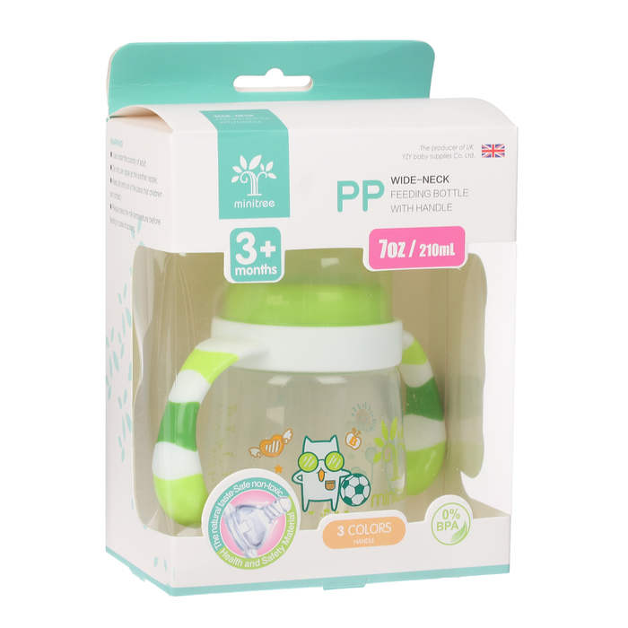 Бутылочка для кормления с ручками, 180 мл, от 3 мес., цвет зелёный