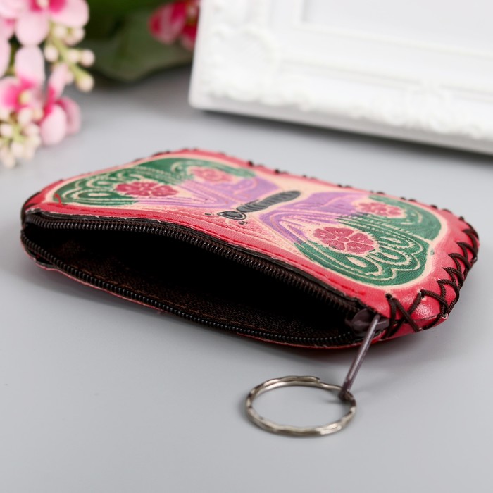 Брелок кошелёк кожзам "Бабочка-красавка" красный 8х12 см