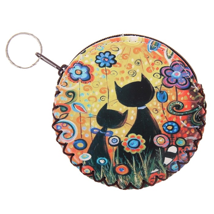 Брелок кошелёк кожзам круглый "Чёрные кошки в цветах" 11х11 см