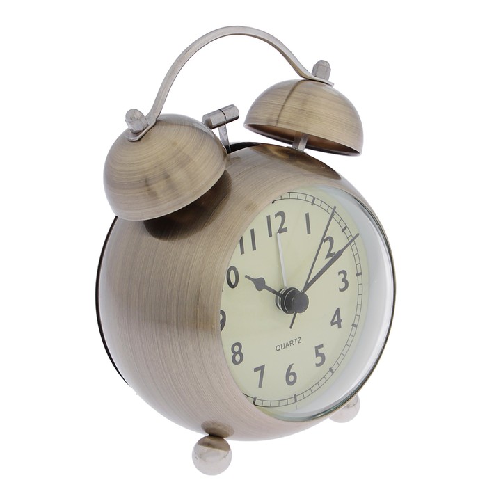 Будильник d=9см, все цифры, ножки шарики, подсветка, желтоватый цифер-т, бронзовый, 9*13 см 277010