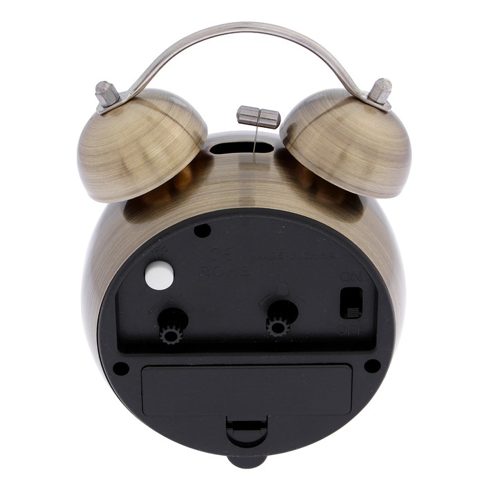 Будильник d=9см, все цифры, ножки шарики, подсветка, желтоватый цифер-т, бронзовый, 9*13 см 277010