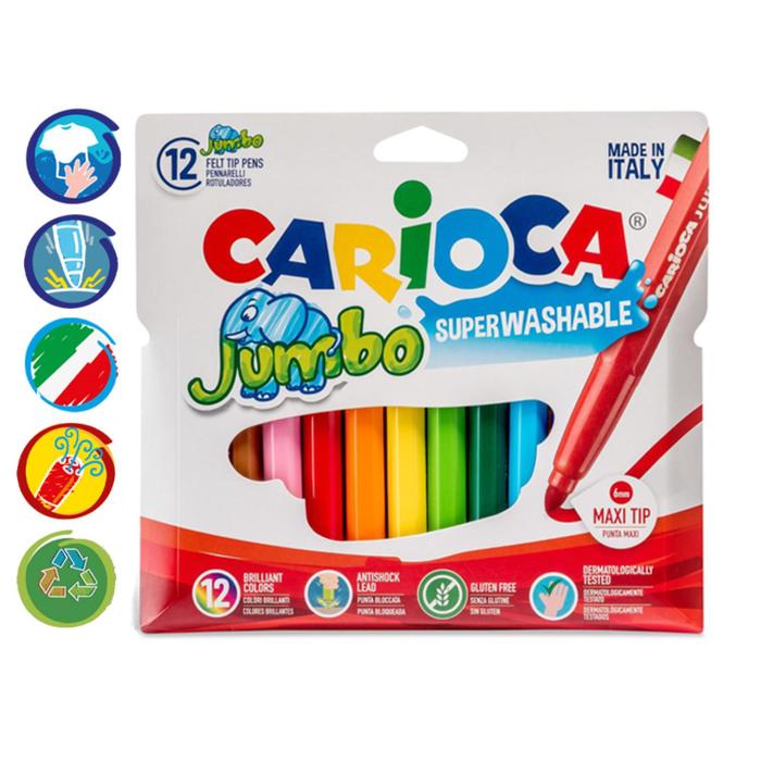 Фломастеры 12 цветов Carioca Jumbo, 5.0 мм, утолщенные, смываемые, увеличенный ресурс, суперяркие, европодвес фломастеры 36 цветов 40 штук carioca jumbo 6 0 мм утолщенные смываемые увеличенный ресурс суперяркие картонный чемоданчик