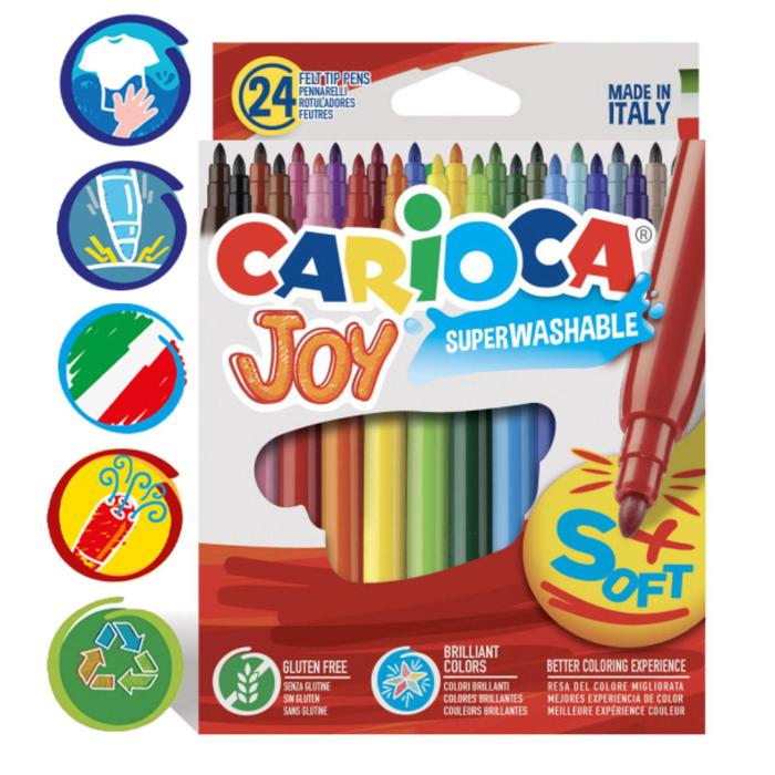 Фломастеры 24 цвета Carioca Joy, 2.6 мм, смываемые, увеличенный ресурс, суперяркие, европодвес