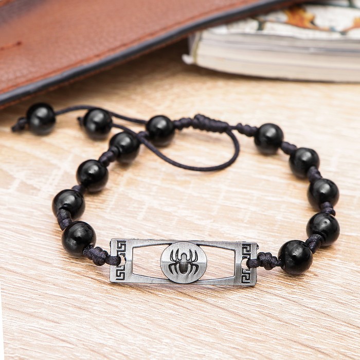 Браслет мужской "Воин" прямоугольник с пауком, цвет чёрный в чернёном серебре