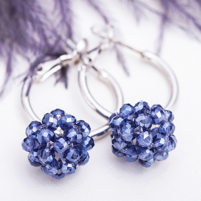 Серьги со стразами "Ежевика" цвет синий в серебре