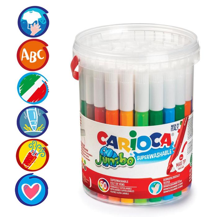 фото Фломастеры 36 цветов carioca "maxi. jumbo" 6 мм, набор 50 штук, утолщенные, смываемые, банка с ручкой
