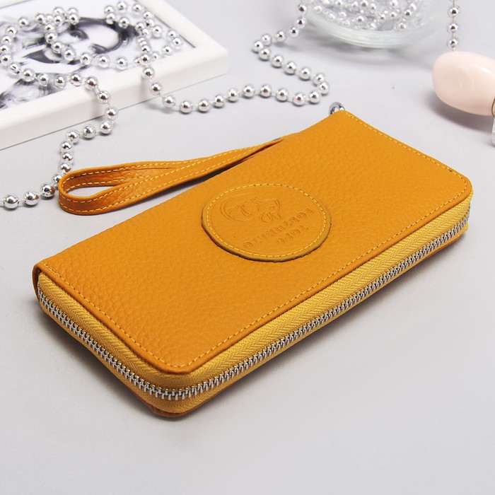 Кошелёк женский на молнии, 3 отдела, отдел для кредиток и монет, с ручкой, цвет флотер жёлтый