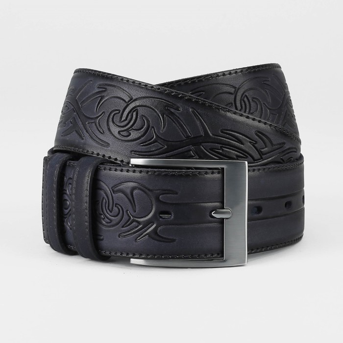 Ремень мужской, пряжка серебро, ширина - 4 см, цвет тёмно-синий