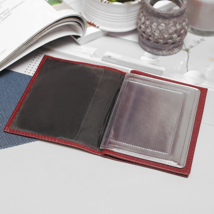 Обложка для автодокументов и паспорта, 5 карманов для карт, орфей, цвет винный