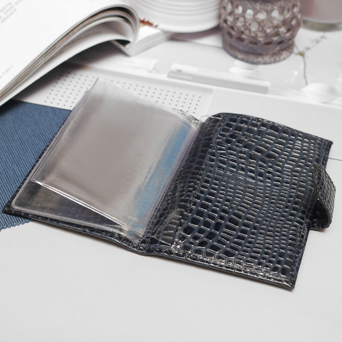 Обложка для автодокументов, отдел для купюр, 10 карманов для карт, крокодил, цвет синий