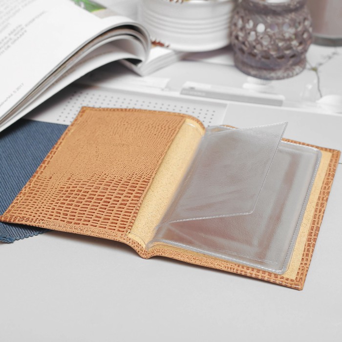 Обложка для автодокументов, 5 карманов для карт, ящерица, цвет бежевый