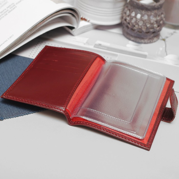 Обложка для автодокументов, 5 карманов для карт, с хлястиком, орфей, цвет винный