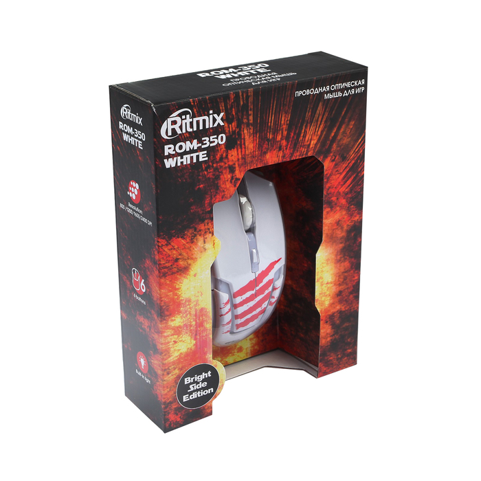 Мышь игровая RITMIX ROM-350, проводная, 2400 DPI, 6 кнопок, белая