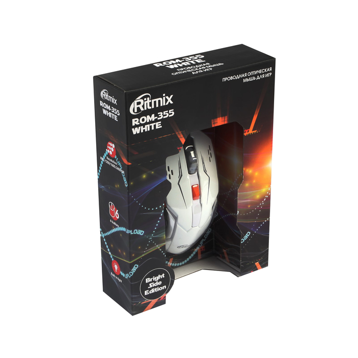 Мышь игровая RITMIX ROM-355, проводная, 2400 DPI, 6 кнопок, белая