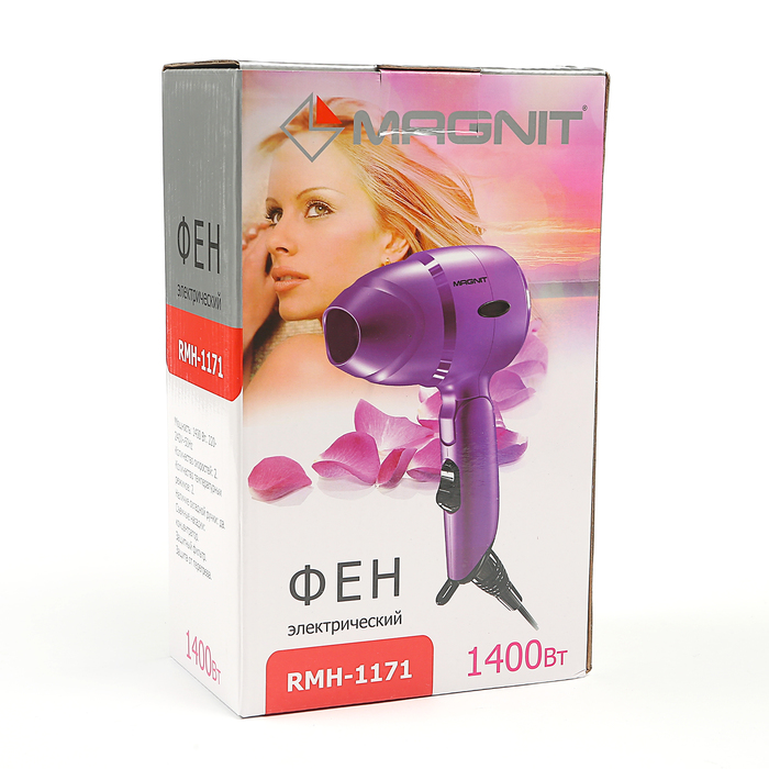Фен Magnit RMH-1171, 1400 Вт, 2 скорости, 2 режима, концентратор, съёмный защитный фильтр