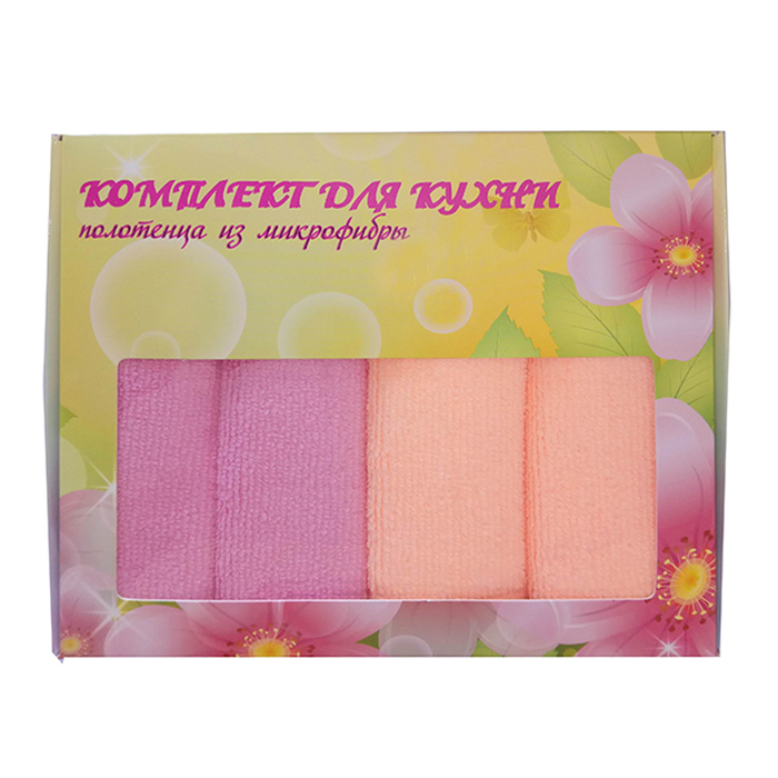 Комплект полотенец из микрофибры 4PKSS01, 30х30 см, 4 шт, бежевый, розовый