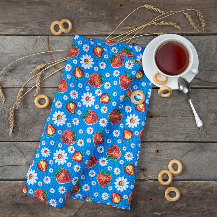 Полотенце вафельное "Клубничка" 40х70 см, голубой, 100 % хлопок, 160 гр/м2