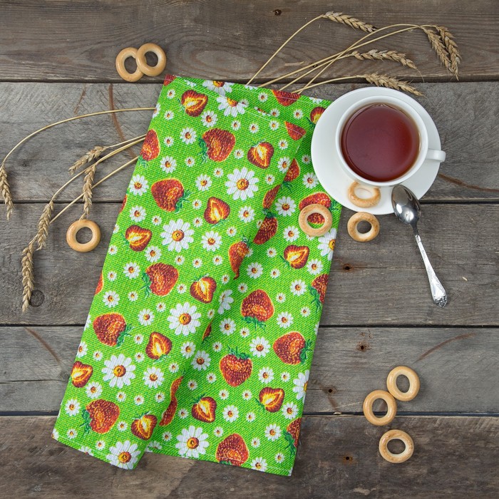 Полотенце вафельное "Клубничка" 40х70 см, зелёный, 100 % хлопок,160 гр/м2