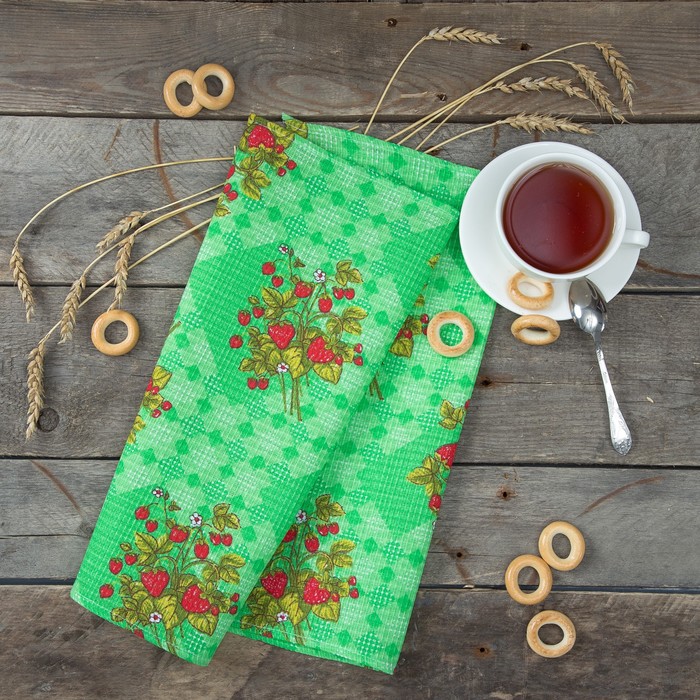 Полотенце вафельное "Земляника" 40х70 см,  зелёный, 100 % хлопок, 160 г/м2