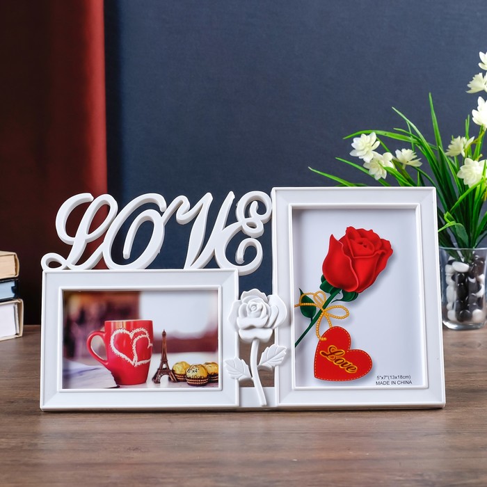Фоторамка пластик на 2 фото 10х15, 13х18 см "Любовь и роза" белая 21х37 см