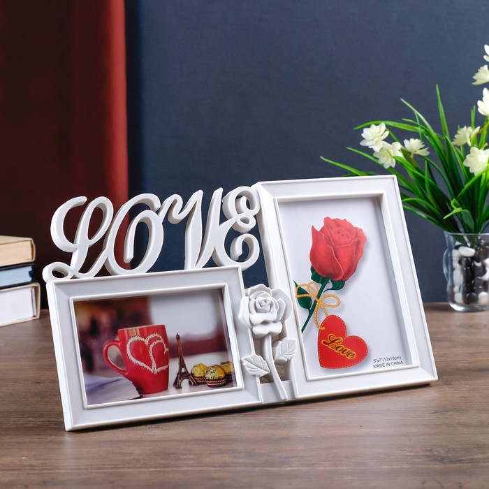 Фоторамка пластик на 2 фото 10х15, 13х18 см "Любовь и роза" белая 21х37 см