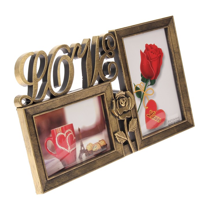 Фоторамка пластик на 2 фото 10х15, 13х18 см "Любовь и роза" золотая 21х37 см