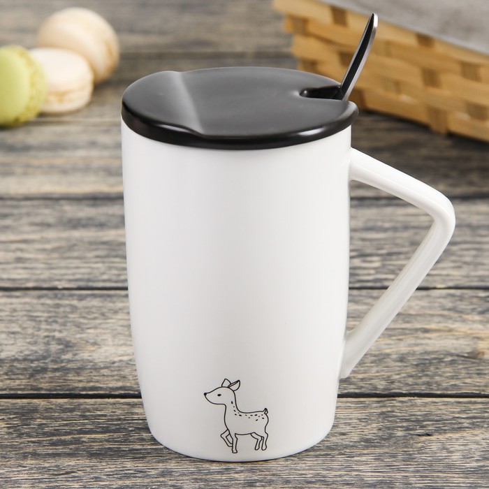 Кружка 450 мл "Заповедник", с керамической крышкой и ложкой, рисунок МИКС