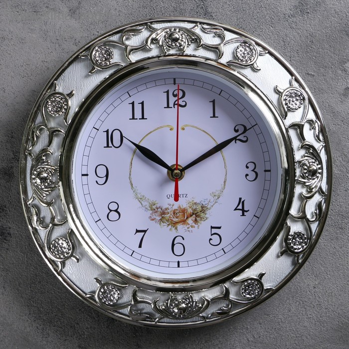 фото Часы настенные, серия: цветы, "пионовидные розы", серебро, d=25 см