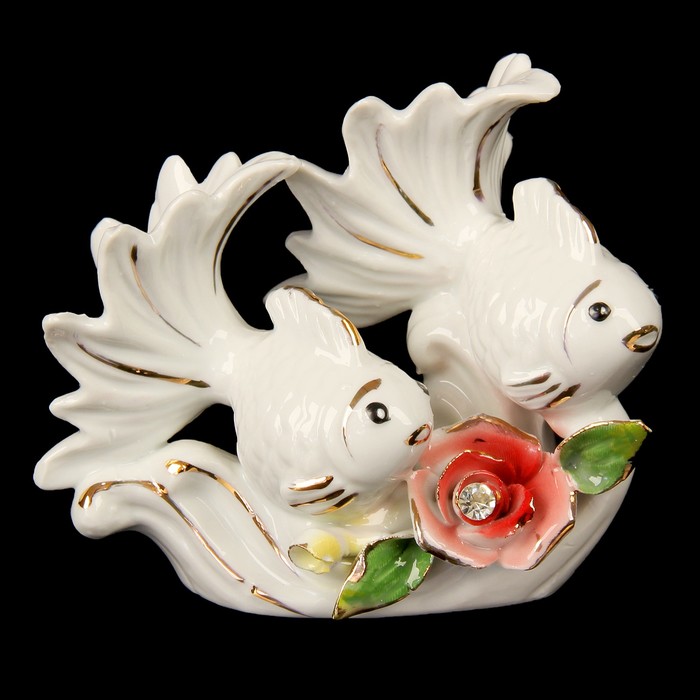 Сувенир керамика "Две белых рыбки с розой" страза 11х10,5х6 см