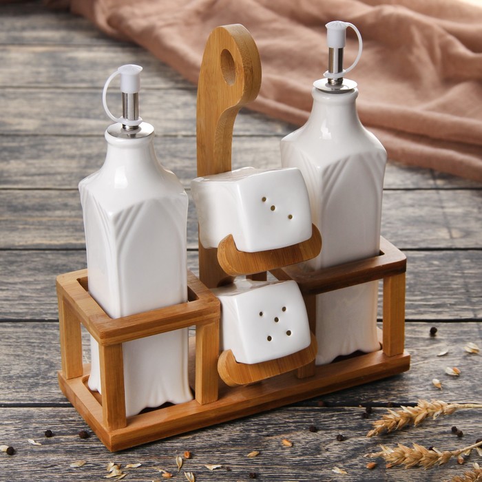 Набор для специй и масел "Эстет", 4 шт: 2 соусника, солонка, перечница, на деревянной подставке