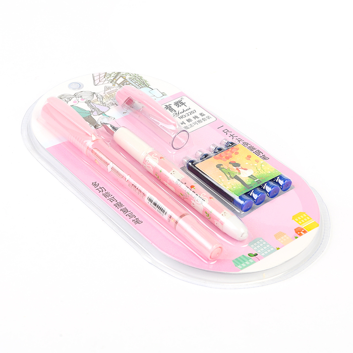 Ручка перьевая+4картриджа синих+стиратель на блистере МИКС