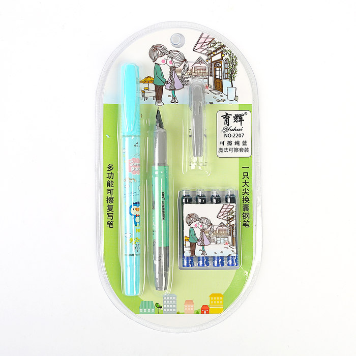 Ручка перьевая+4картриджа синих+стиратель на блистере МИКС