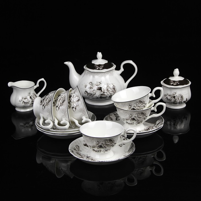 Сервиз чайный "Мелани", 15 предметов: чайник 830 мл, сахарница 230 мл, молочник 200 мл, 6 чайных пар 230 мл