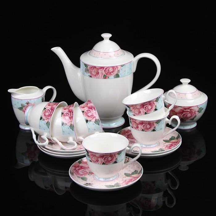 Сервиз чайный "Лион", 15 предметов: чайник 1 л, сахарница 300 мл, молочник 230, 6 чайных пар 240 мл