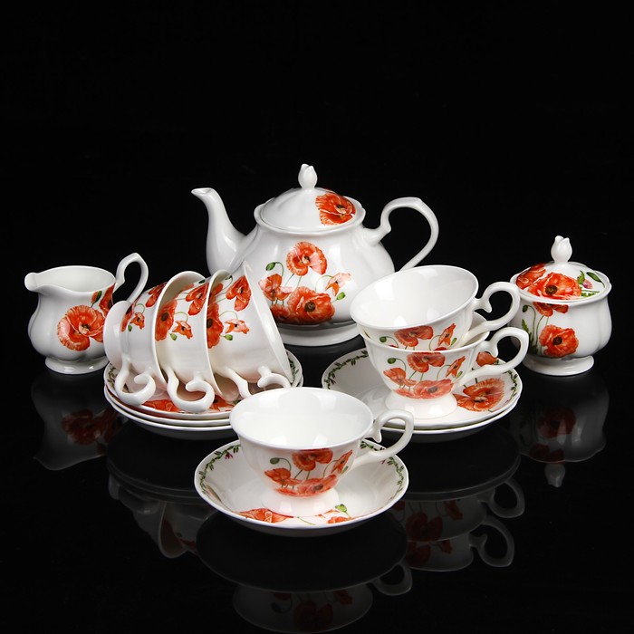Сервиз чайный "Валери", 15 предметов: чайник 0,83 л, сахарница 230 мл, молочник 200 мл, 6 чайных пар 230 мл