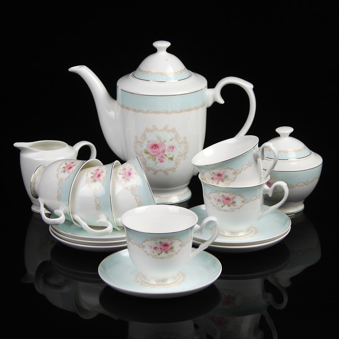 Сервиз чайный "Диона", 15 предметов: чайник 1 л, сахарница 300 мл, молочник 230 мл, 6 чайных пар 240 мл