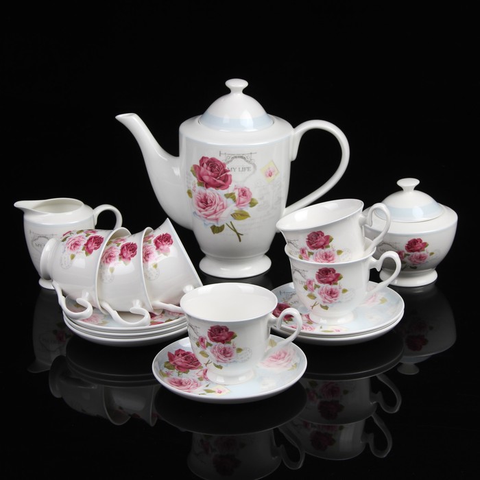 Сервиз чайный 15 пр "Реин": чайник 1 л, сахарница 300 мл, молочник 230, чайная пара 240 мл