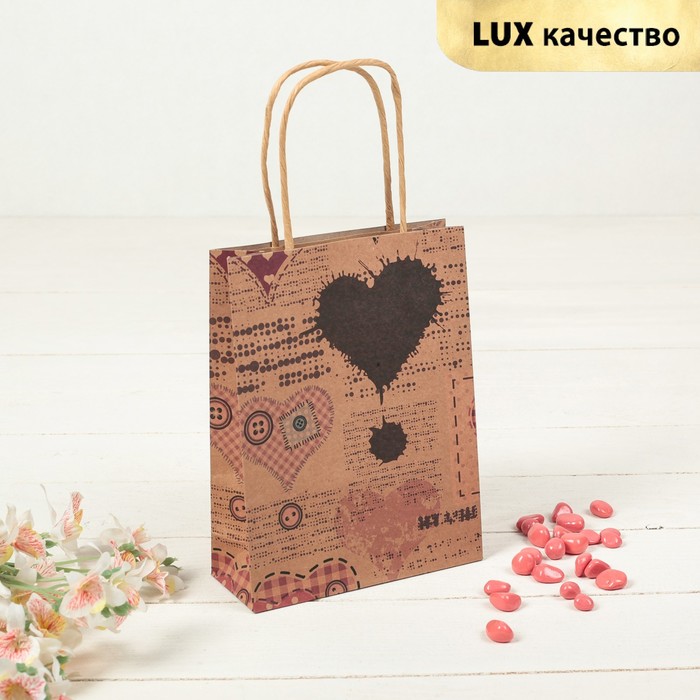 Пакет крафт "Сердца", 15 х 8 х 20 см