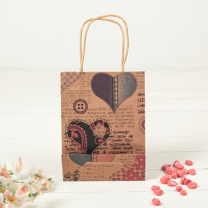 Пакет крафт "Сердца", 15 х 8 х 20 см