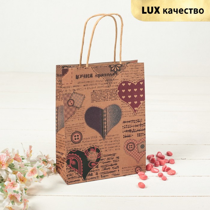 Пакет крафт "Сердца", 18 х 8 х 24 см