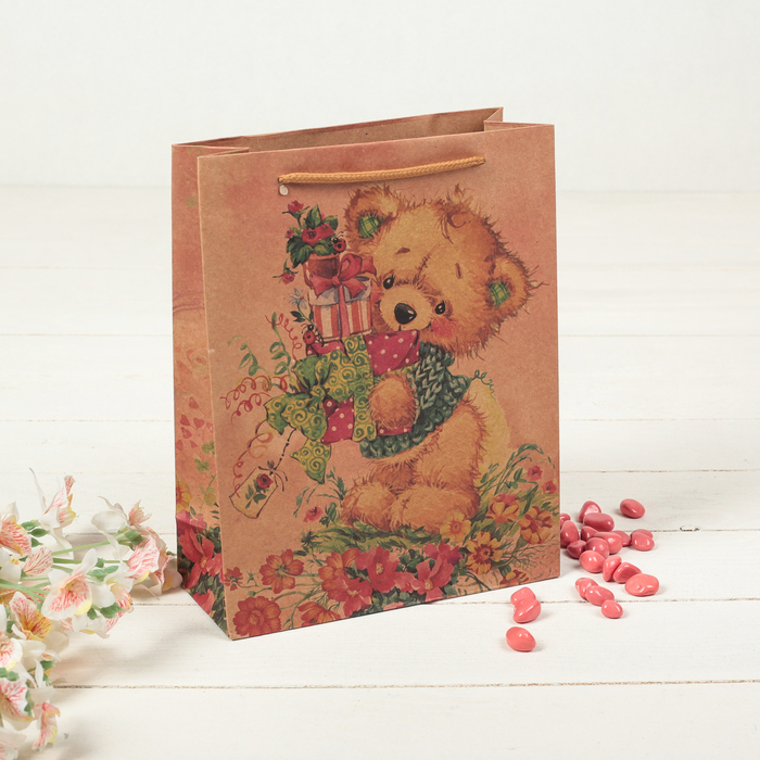 Пакет крафт "Подарки", 24 х 8 х 33 см