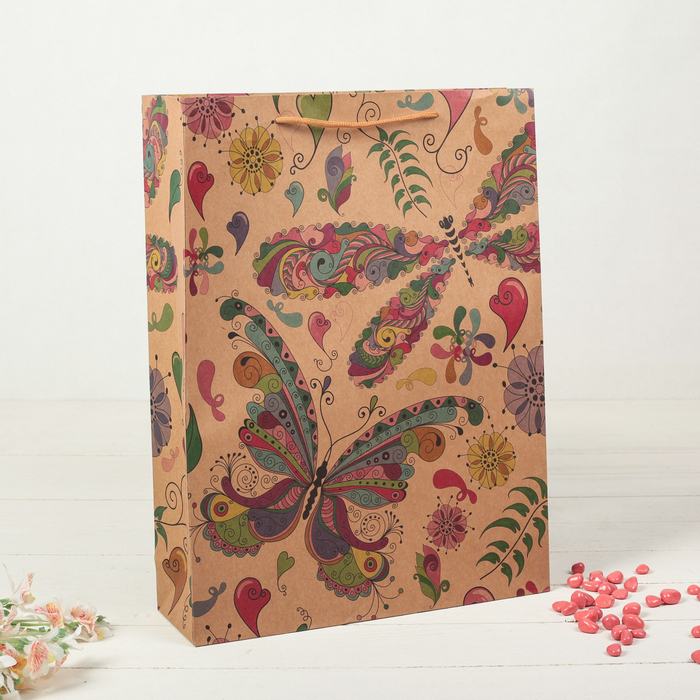 Пакет крафт "Бабочки", 31,5 х 9,5 х 42 см