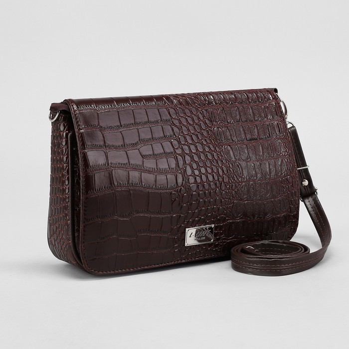 Сумка женская, 1 отдел на молнии, наружный карман, длинный ремень, крокодил коричневый