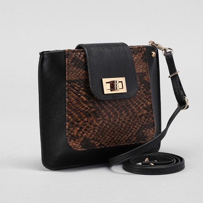 Сумка женская, отдел на молнии, наружный карман, кобра, цвет коричневый/чёрный