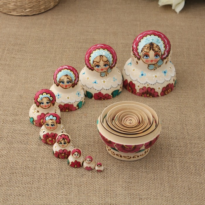 Матрёшка «Жжёнка», белые розы, 10 кукольная, 14 см, люкс