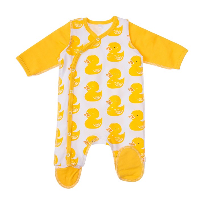 Комбинезон детский длинный пукав, рост 56 см, цвет белый, принт жёлтые утки У-КБ-291
