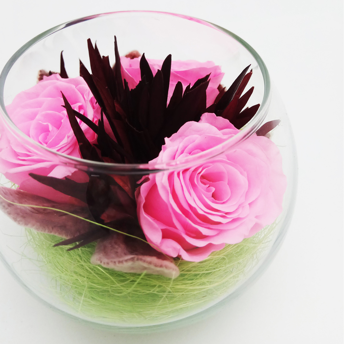 Композиция в вазе, розы ярко-розовые, 9 х 9 х 8 см