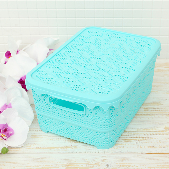 Контейнер для хранения с крышкой 29х20х12 см "Ажур", цвет голубой