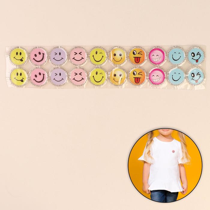 Термоаппликация со стразами "Смайлы", d=3см, 20шт на листе, разноцветные