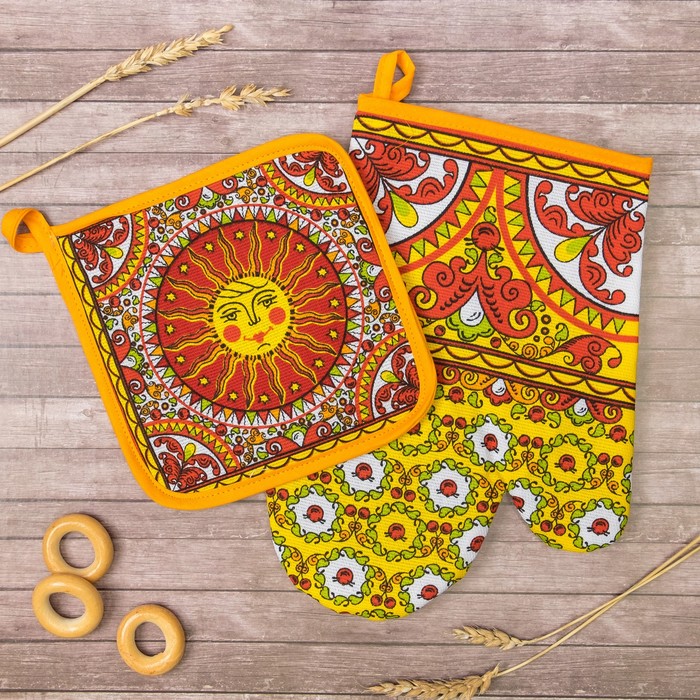 Набор "Доляна" Масленница/вид 2,: варежка 18 х 26 см, прихватка 17 х 17 см, рогожка 162 г/м²